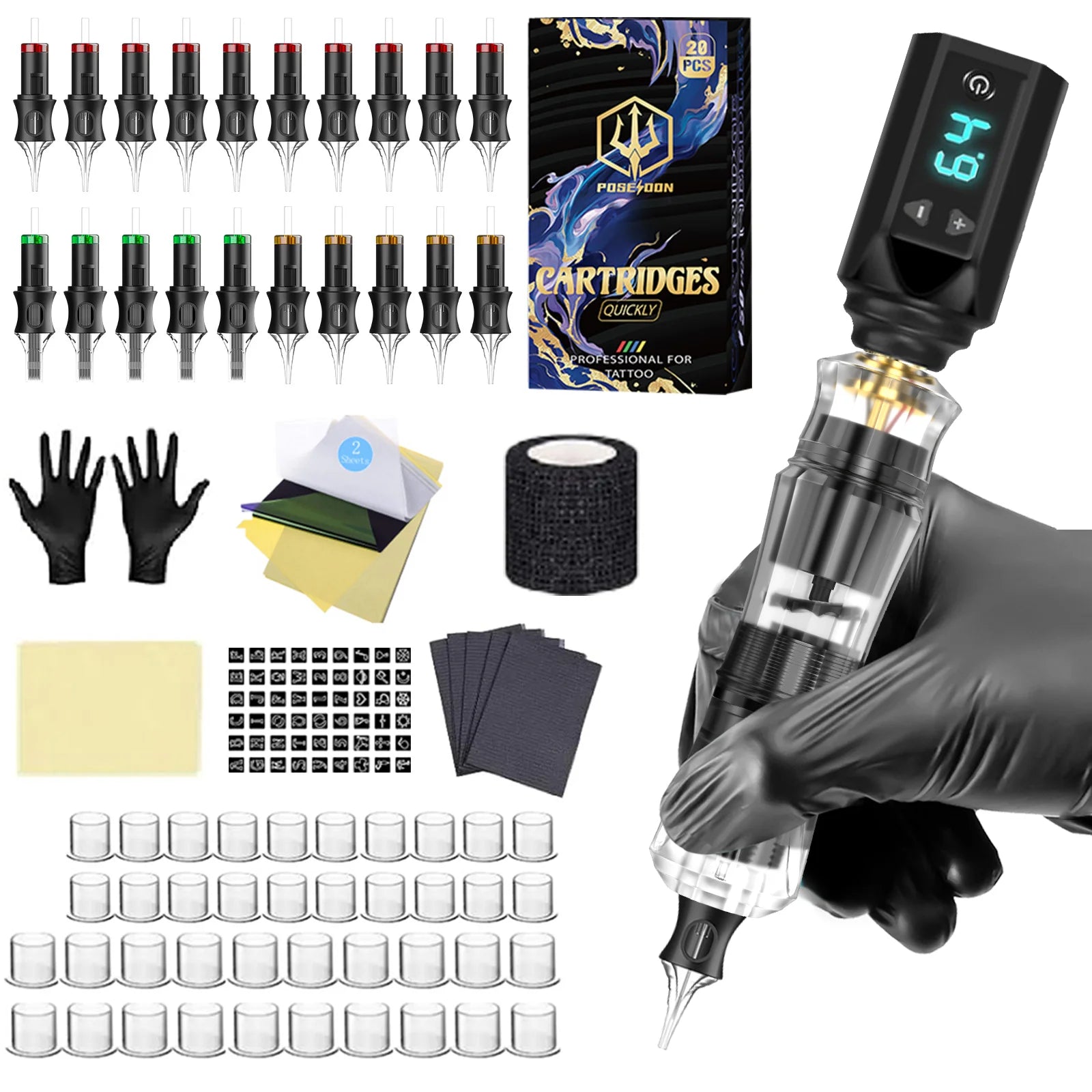Tattoo Kit POSEIDON V5 New Tattoo Pen Kit For Permanent Makeup Tattoo Machine Kit transparently Tattoo Power Supply Tattoo Kit