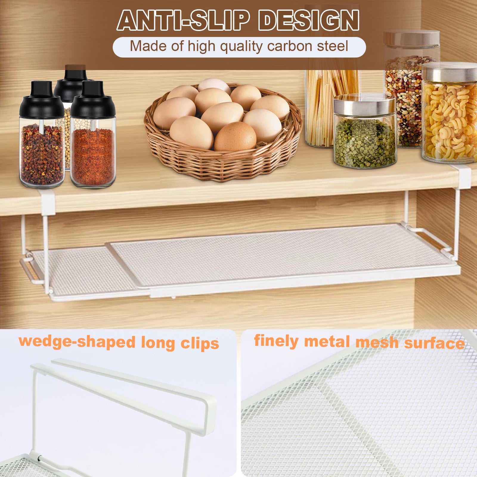 Extendable Under Cabinet Organizer Shelf Steel Under Desk Storage Rack Multipurpose Kitchen Household Hanging Storage Basket