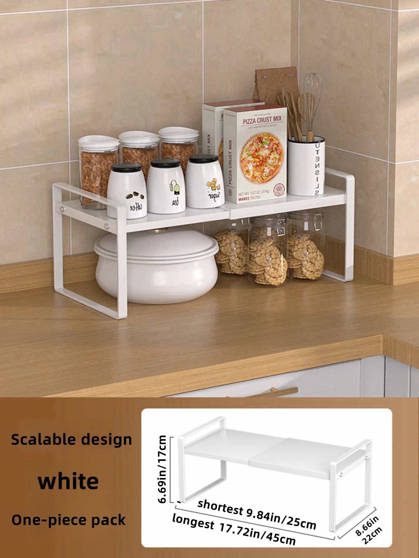 Kitchen cabinet multi-level shelf storage rack, seasoning storage rack, expandable home storage space, heavy-duty metal white