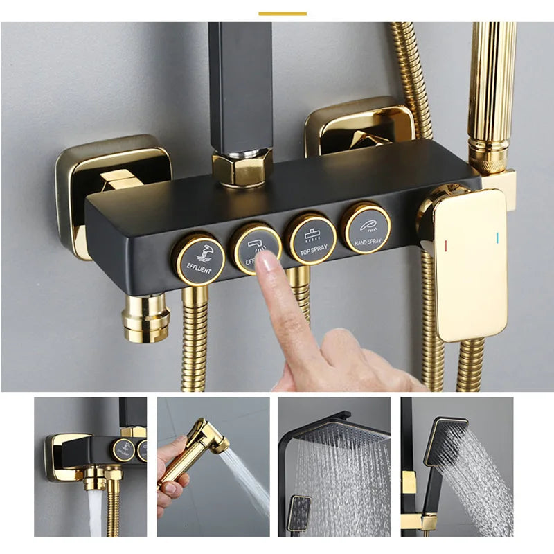 KEMAIDI Black Gold Shower Faucet Set Bathtub  4-way Mixer  Tap with Bidet and Shelf  Bathroom Rainfall Shower Systerm Wall Mount