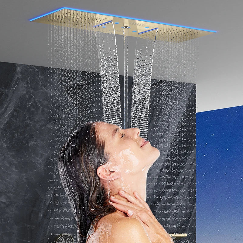 Luxury Ceiling Shower System Set Concealed Thermostatic Brass Digital Display Hydro Generator Rainfall  with Light and Bluetooth