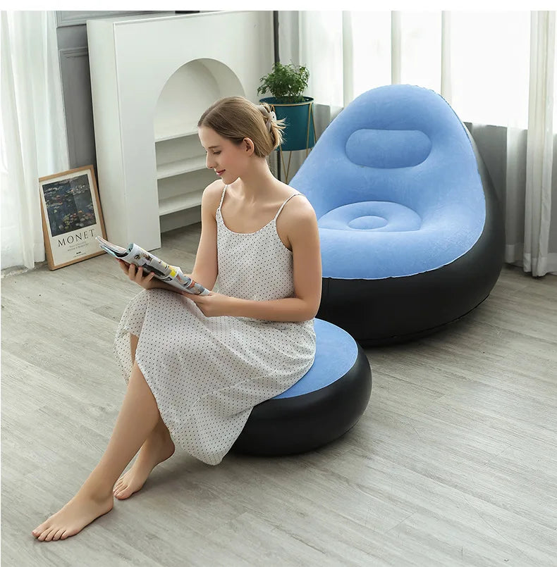 Inflatable Lounge Chair for Adults, Folding Portable Lazy Sofa with Foot Stool ,Air Couch Sofa for Livingroom and Bedroom