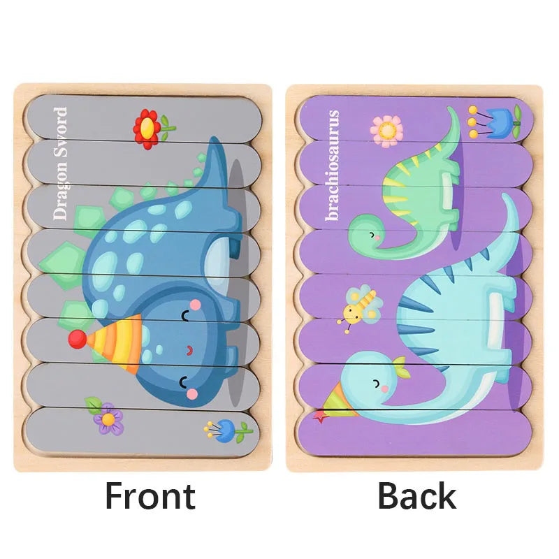 Cartoon Animal Double-sided Strip Wooden Puzzles Kids Montessori Jigsaw Game Baby Educational Toys for Children