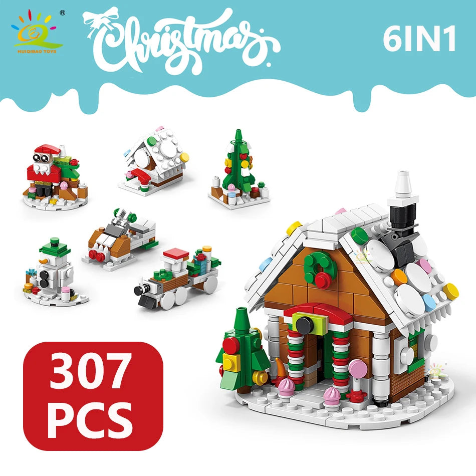 HUIQIBAO 6IN1 Christmas Elk Deer Santa Claus Building Blocks City Snow House Xmas Tree Bricks Set Toys for Children Kids Gift