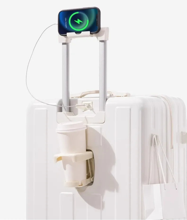 Multifunction Large Capacity Luggage Business Carry on Boarding USB Charging Cup Holder Front Opening Lid Trolley Suitcase