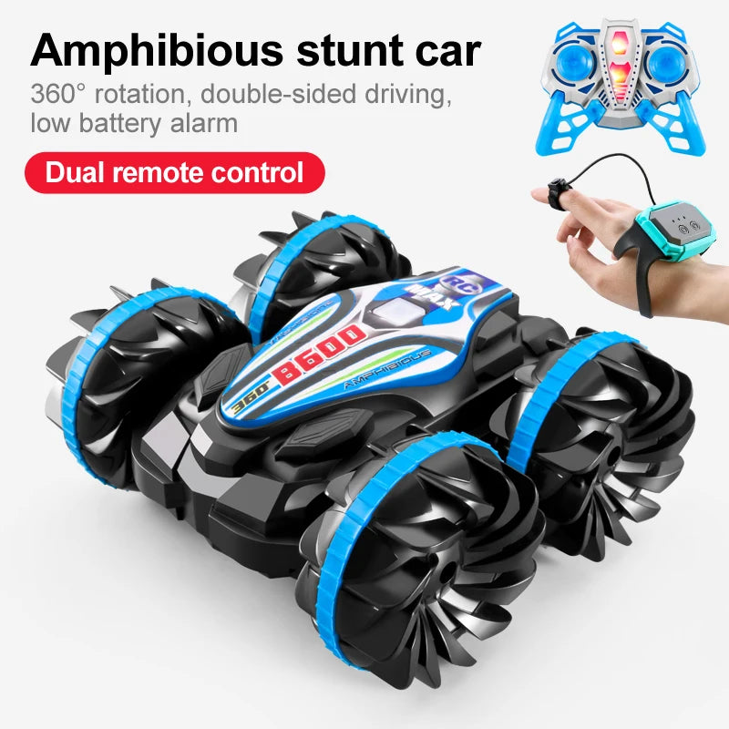New LED Amphibious RC car Dual remote control waterproof stunt car double side flip drift drive 360 ° rotation rc cars Kids toy
