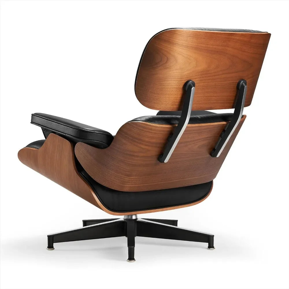 Chaise Lounge Chair with Ottoman Genuine Leather High-Resilience Foam Cushions Mid Century Modern Ergonomic Design