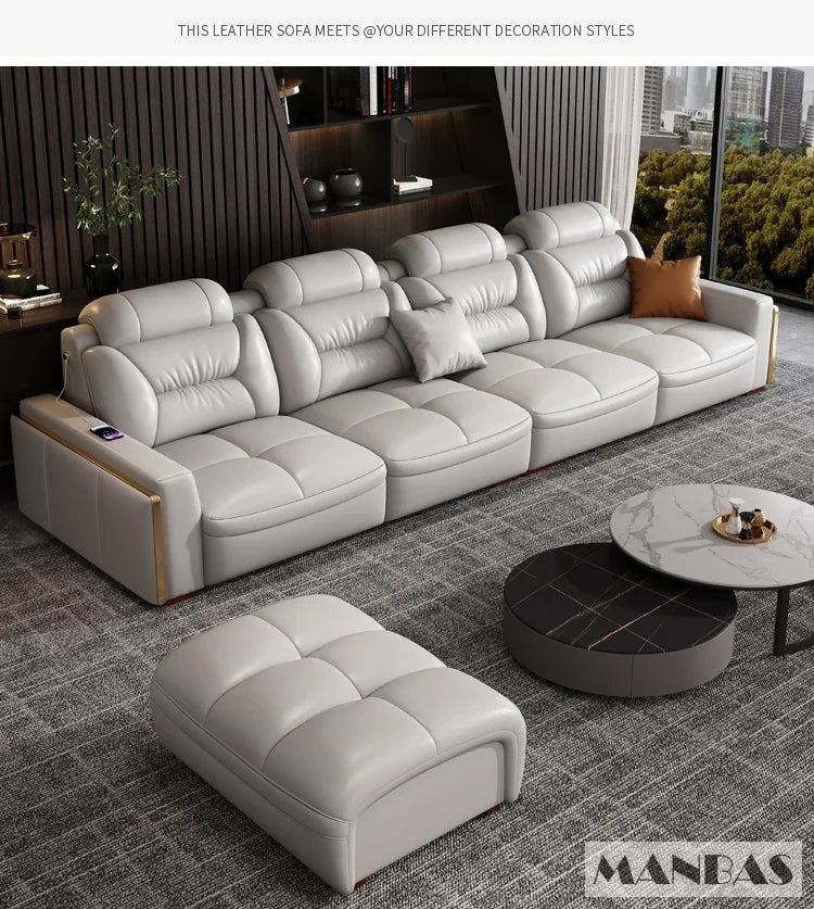 Premium Italian Genuine Leather Sectional Sofa Sets Couch Sofas with USB and Bluetooth Speaker - MANBAS Living Room Furniture