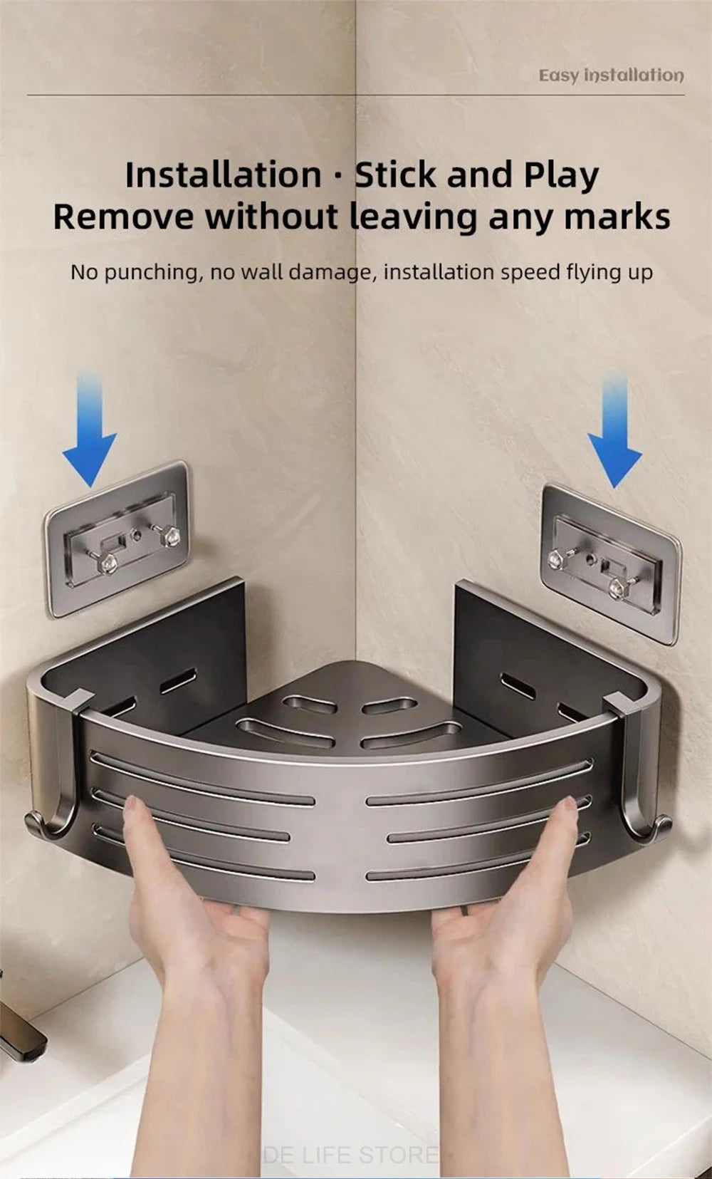 1-2PCS Bathroom Corner Shelf with Plastic Hook Towel Bar No Drill Space Aluminum Shower Storage Rack Bathroom Organizer