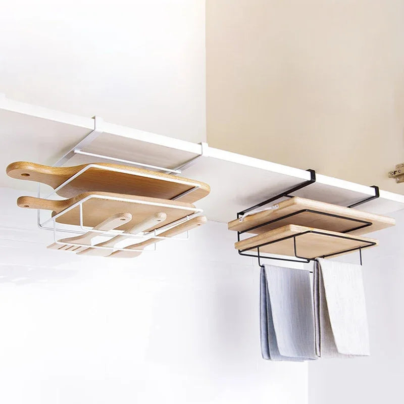 Cutting Board Kitchen Shelf, Double-Layer Perforation-Free Cabinet Hanger, Rag, Cutting Board Storage And Finishing Iron Hanger