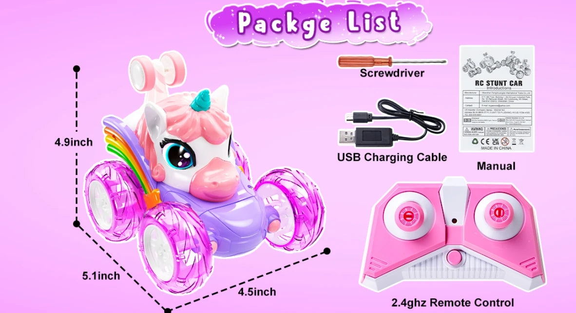 Unicorn Remote Control Car for Girls, 360° Rotating 4WD Stunt RC Cars with Cute Lights, Rechargeable Toys-Kid Birthday Gifts
