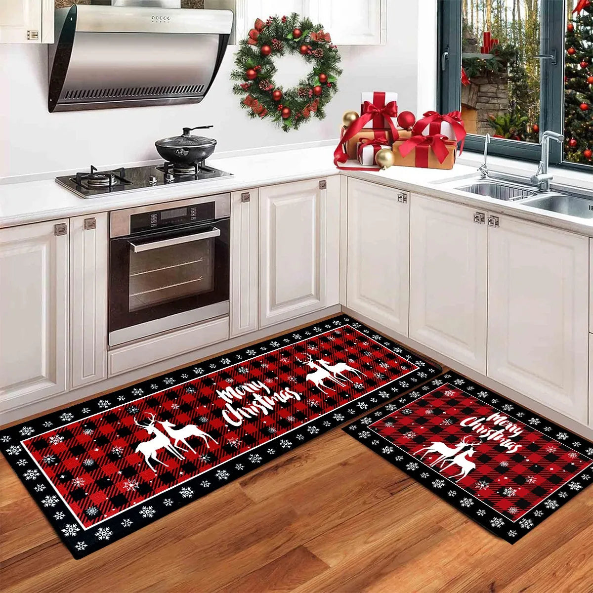 Christmas Kitchen Floor Mats, Plaid Pattern Kitchen Runner Rug for Kitchen Decoration Home 2024 Navidad Noel Gifts New Year 2025