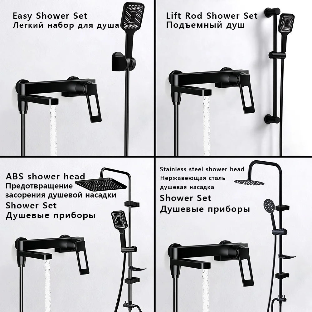 High Quality Solid Brass Bathroom Bathtub Shower Faucet Set Wall Mounted Rainfall Mixer Water Tap Black Split Shower System Kits