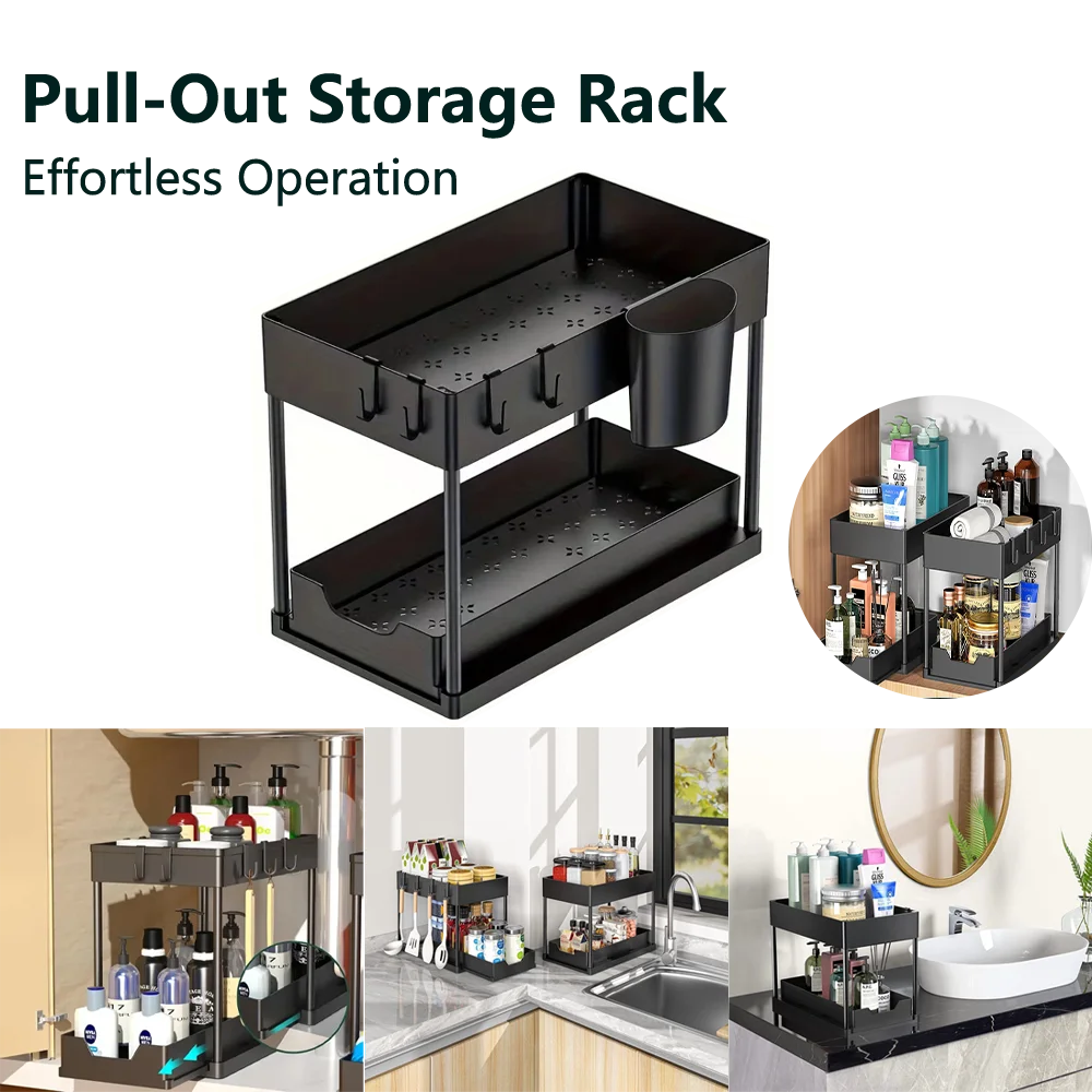Under-Sink Pull-Out Storage Organizer: Slim Slide-Out Shelf for Kitchen Cabinets | Multi-Functional Space Saver Storage Rack