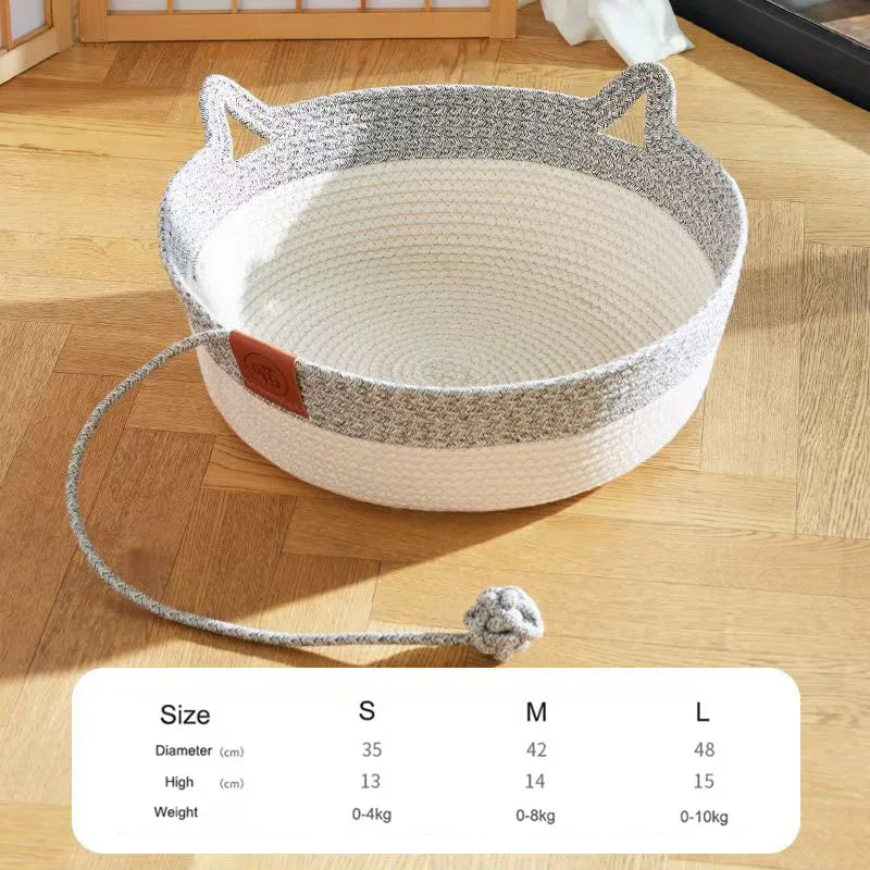 Japanese Pet Cat Bed Round Hand Woven Rattan Cat Beds Summer Cooling Kitten Basket Cotton Rope Cat Scratching Baskets