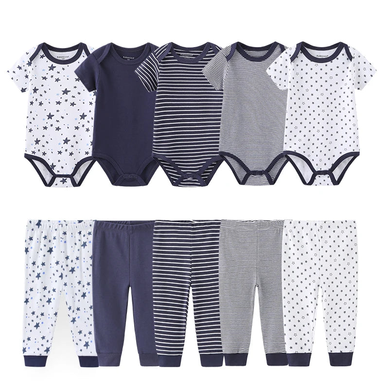 Kiddiezoom 10 Pcs/Lot Four Seasons Fashion Unisex Baby Boy Girl Clothing Set Soft Newborn Bodysuits+Pants Infant Outfit Gift