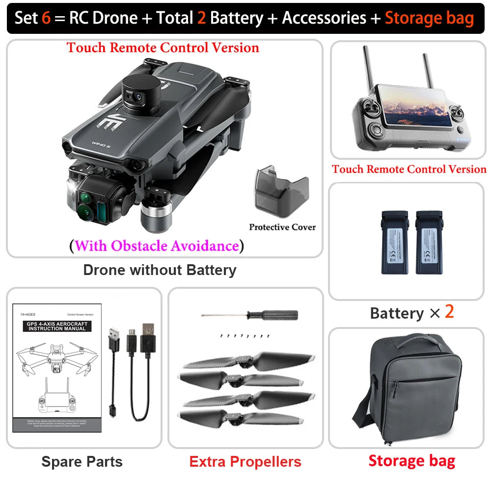 New Wing 6 Drone 8K Camera 3-Axis Gimbal WIFI Obstacle Avoidance FPV Brushless Touch Screen Remote Control Quadcopter Toys Gifts