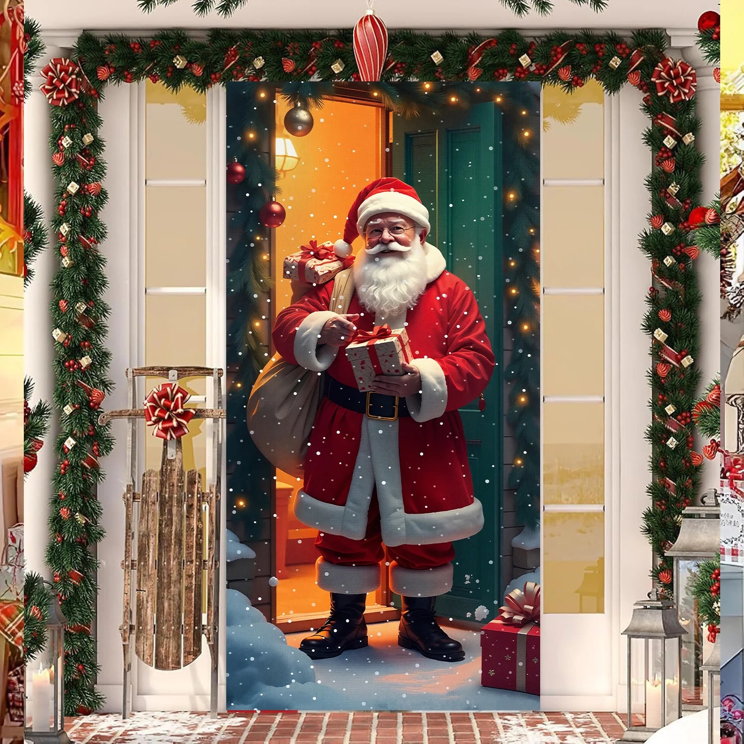 1pcs 2D Christmas Theme Door Cover Banner 2026 New Year Living room Decor Xmas Navidad Santa Snowman animals decor Favor Gift