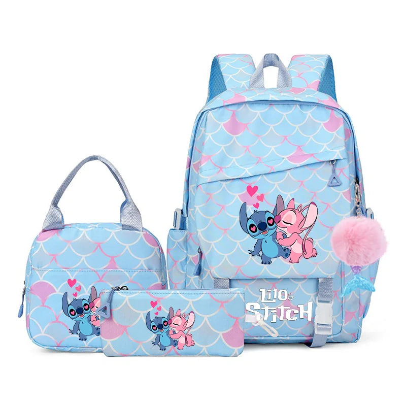 3Pcs Backpack Set Lilo Stitch Girl Kid Student Schoolbags Double Shoulder Bag Travel Pen Lunch Bag Kawaii Bookbag Laptop Bag Set