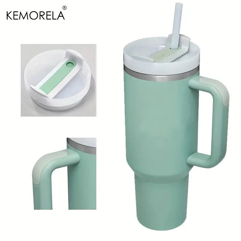 KEMORELA 1PC 900/1200ML Large Capacity Cold Cup Tumbler Stainless Steel Cup Straw Ice Cup Car Cup Handle Thermos Cup Drinkware