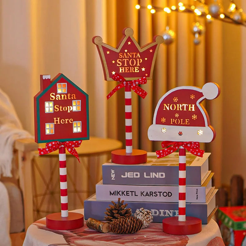 Christmas Retro Lamp LED Light Santa Stop Here Street Sign Xmas Wooden Desktop Home Decoration Navidad 2025 New Year Kids Gift