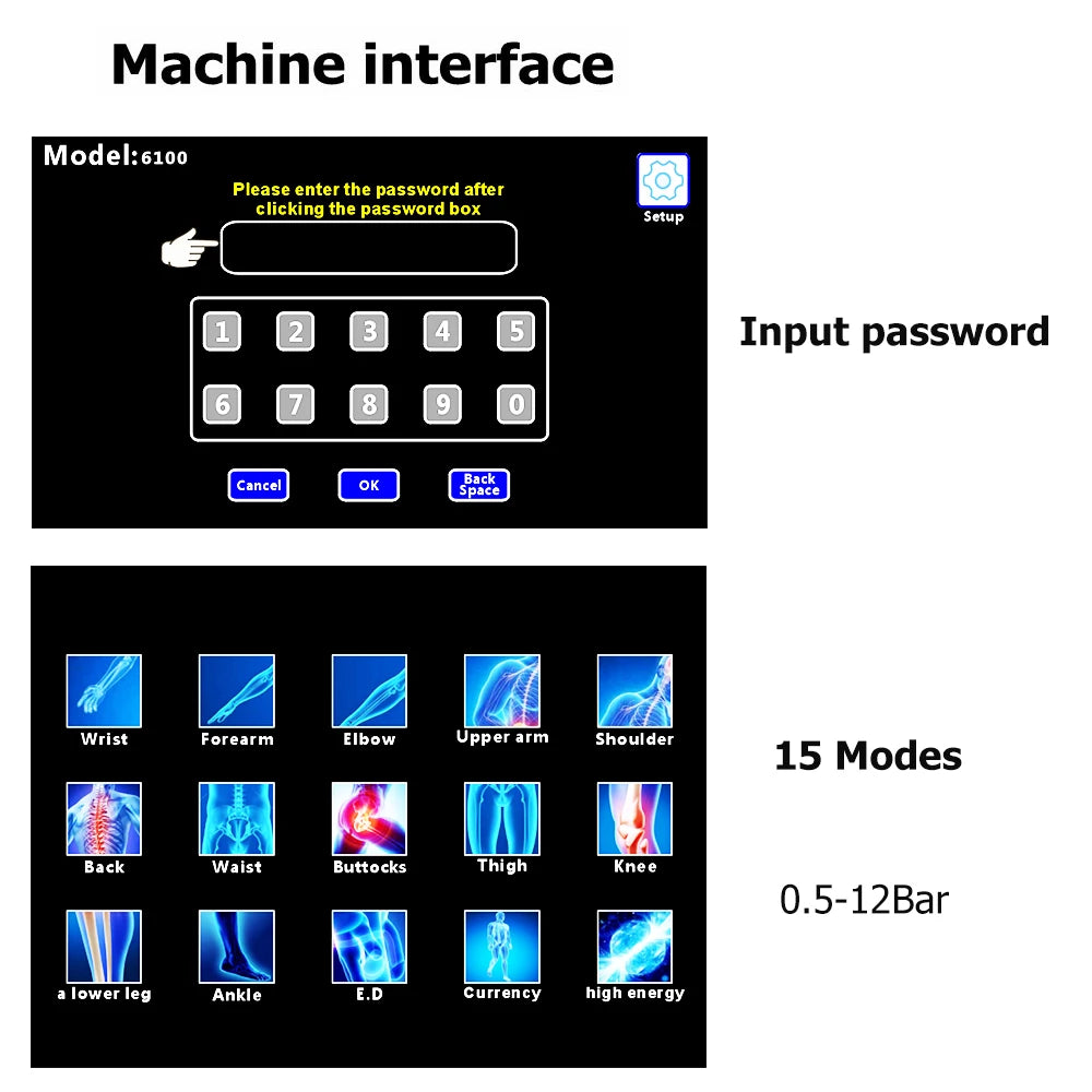 12Bar Shockwave Therapy Machine 6 Probes Extracorporeal Pneumatic Shock Waves Tennis Elbow ED Pain Relief Body Relax Massager
