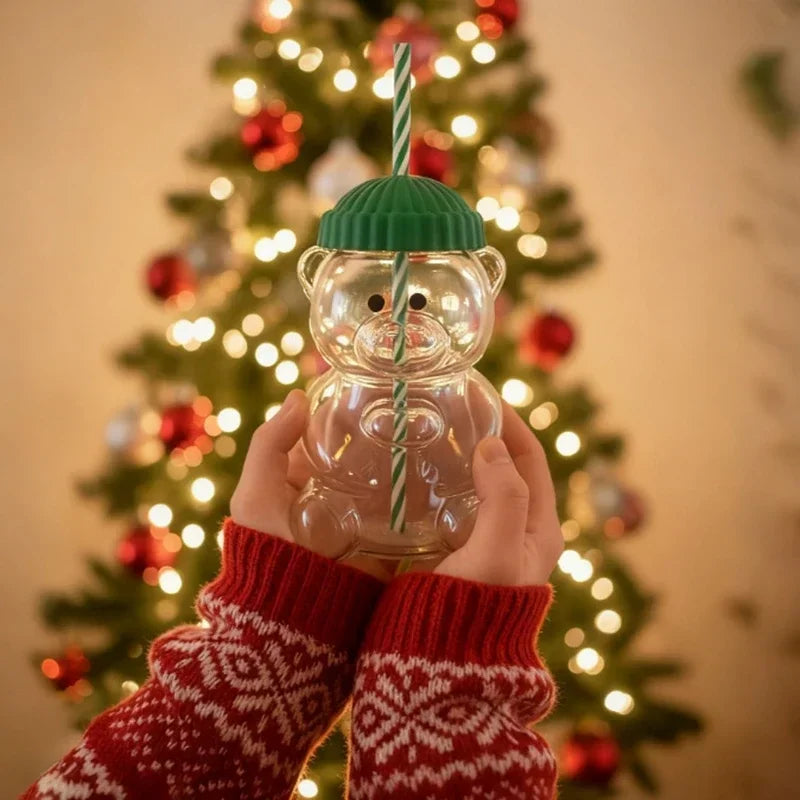 2025New On Sale Bear Shape Plastic Or Glass Cup With Straw Coffee Mug Cute Cartoon Creative Glass Juice Cup Tea Cup Drinkware