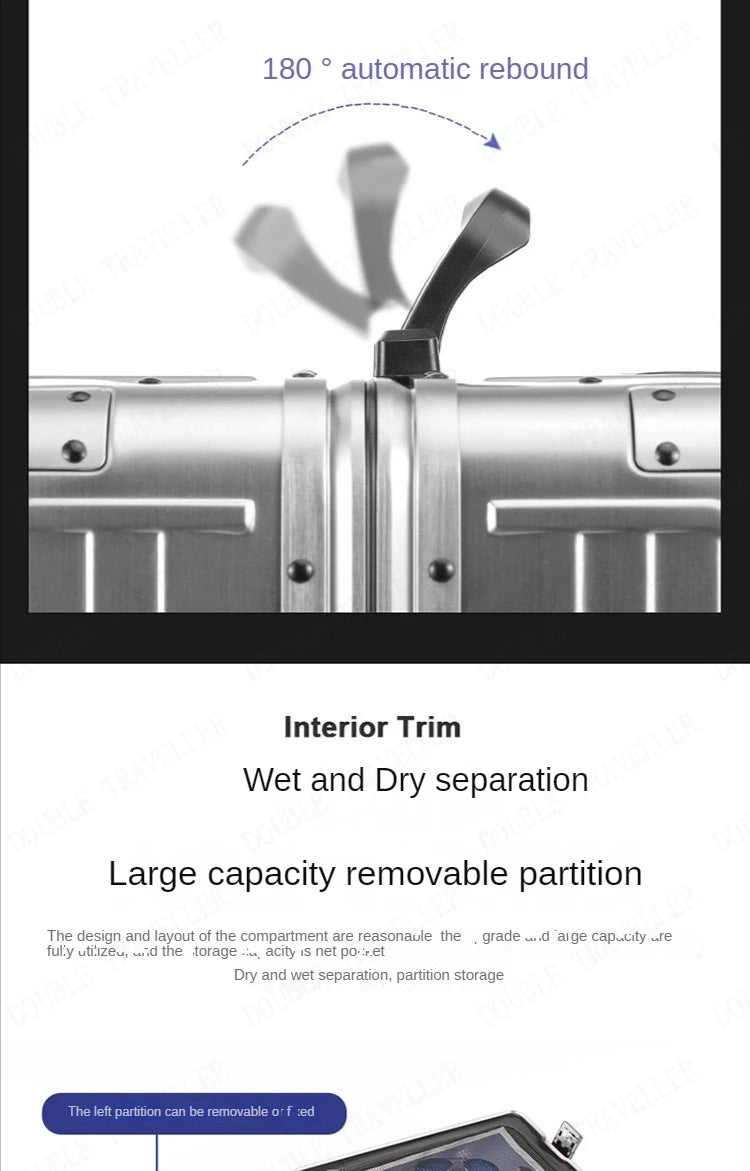 2025 All aluminum travel suitcase on wheels combination lock rolling luggage case Men's Business large size luggage Hand luggage