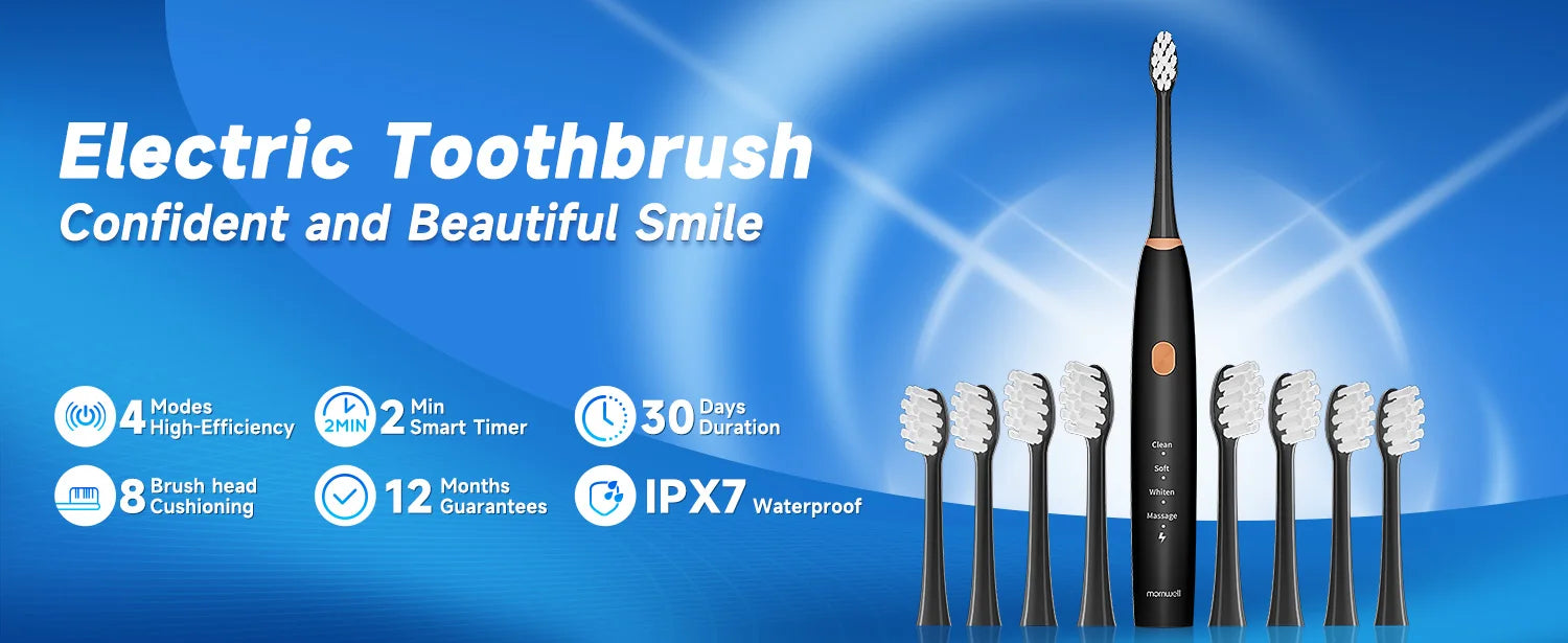Electric Toothbrush for Adults with 8 Brush Heads , 4 Modes Deep Clean Electric Toothbrush with USB Cable and 2 Min Smart Timer