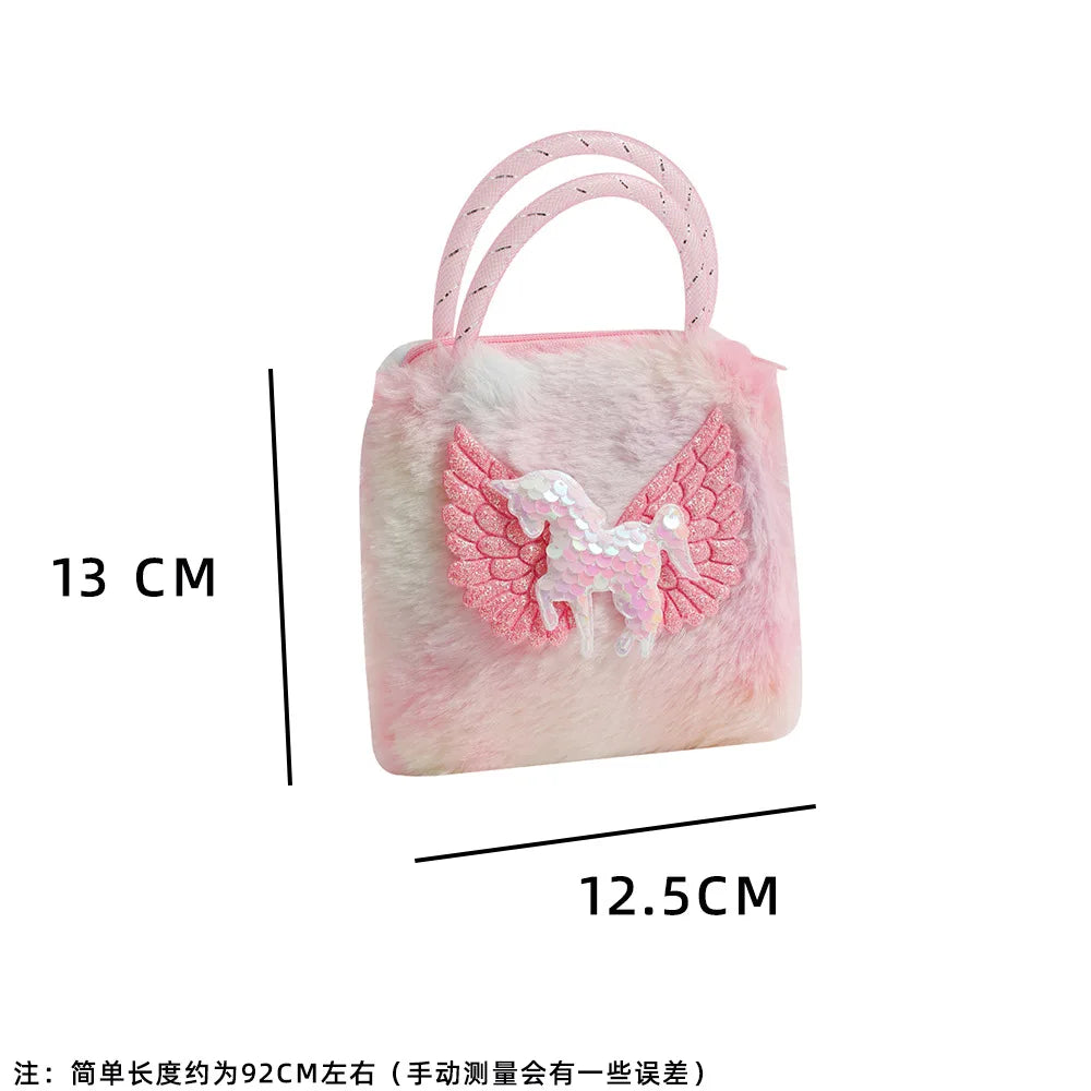 1 Piece Cute Furry Cartoon Kids Shoulder Bag for Girl Plush Shiny Cartoon Unicorn Crossbody Bag Baby Small Stuff Storage Bag