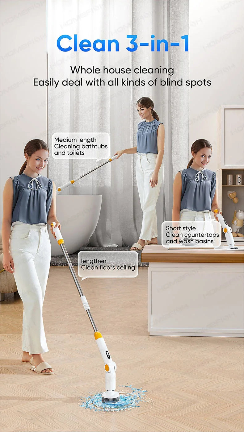HOMFISH 2025 NEW 8-in-1 Electric Spin Scrubber Wireless Cleaning Brush  Waterproof Bathroom Scrubber Adjustable Extension Handle