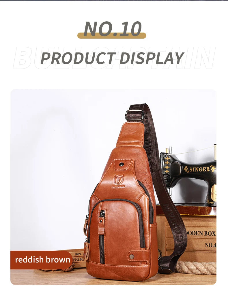 Bullcaptain Leather Large Capacity Chest Bag Men's Shoulder Bag with USB Port for Outdoor Casual Activities