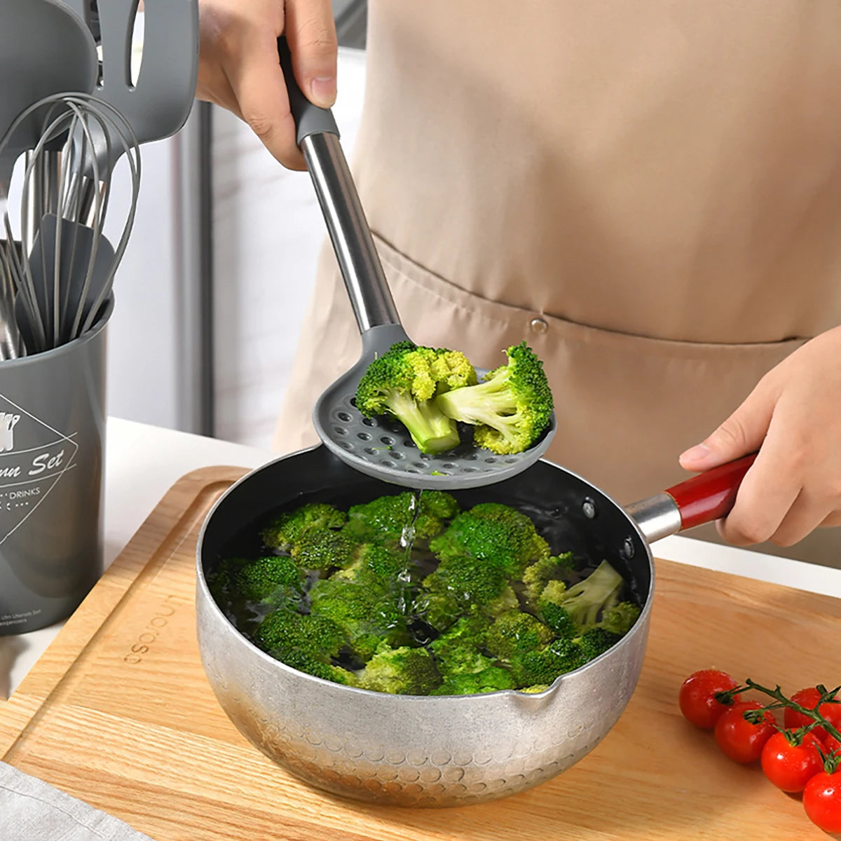 15pcs Silicone Kitchenware Set Stainless Steel Handle Cooking Utensils Spatula Spoon Food Clip Kitchen Tool with Storage Bucket