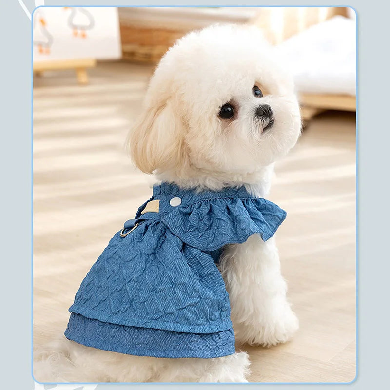 Denim Dog Dresses for Small Dogs Puppy Girl Clothes with Leash Ring Flying Sleeves Summer Cat Apparel Blue Chihuahua Outfits