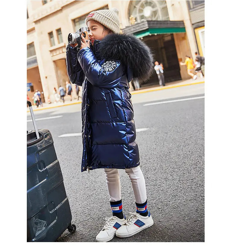 5-14 Years Old Winter Boys Girls Jacket Long Style Hooded Fur Collar Colorful Heavy Coat For Kids Children Outerwear