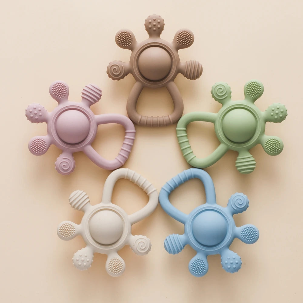 BPA Free Silicone Teether Food Grade Baby 0-12 Toys Teething Rattle Sensory Toys for Toddlers Silicone Hand Bell Soothing Toys