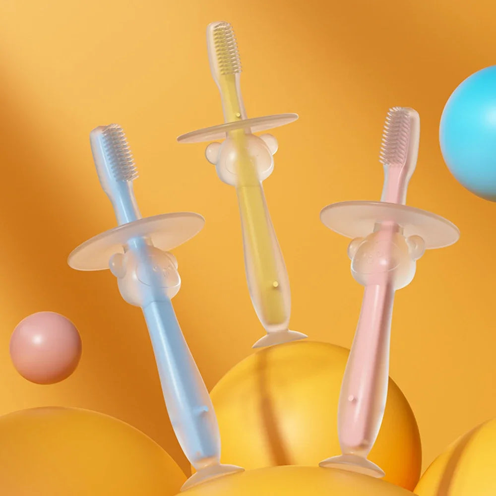 1PC 100% Food Grade Soft Handle Flexible Silicone Rubber Teether Infant Training Baby Toothbrush Factory Price