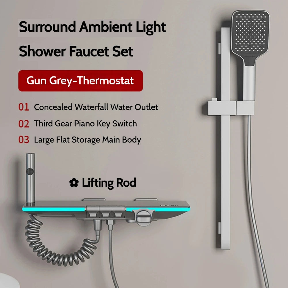 Grey Brass Waterfall Wall Mount Smart Temperature Digital Display Bathtub Faucet Bathroom Faucet Bath Shower Faucet Mixer Crane