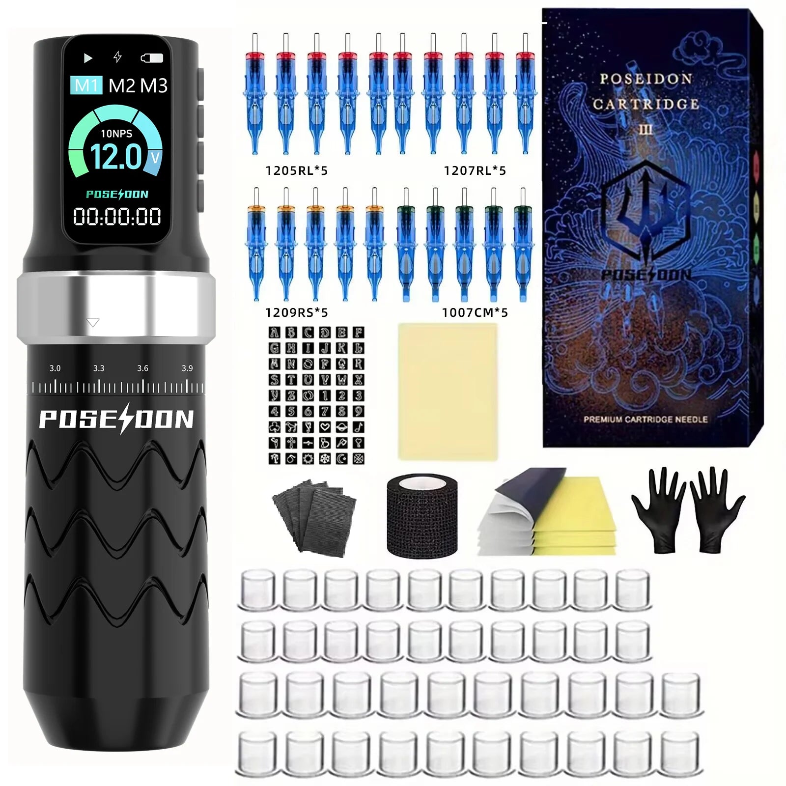 POSEIDON Tattoo Kit Technolog Tattoo Pen Kit For Permanent Makeup Tattoo Machine Kit Adjustable Tattoo Power Supply Tattoo Gun