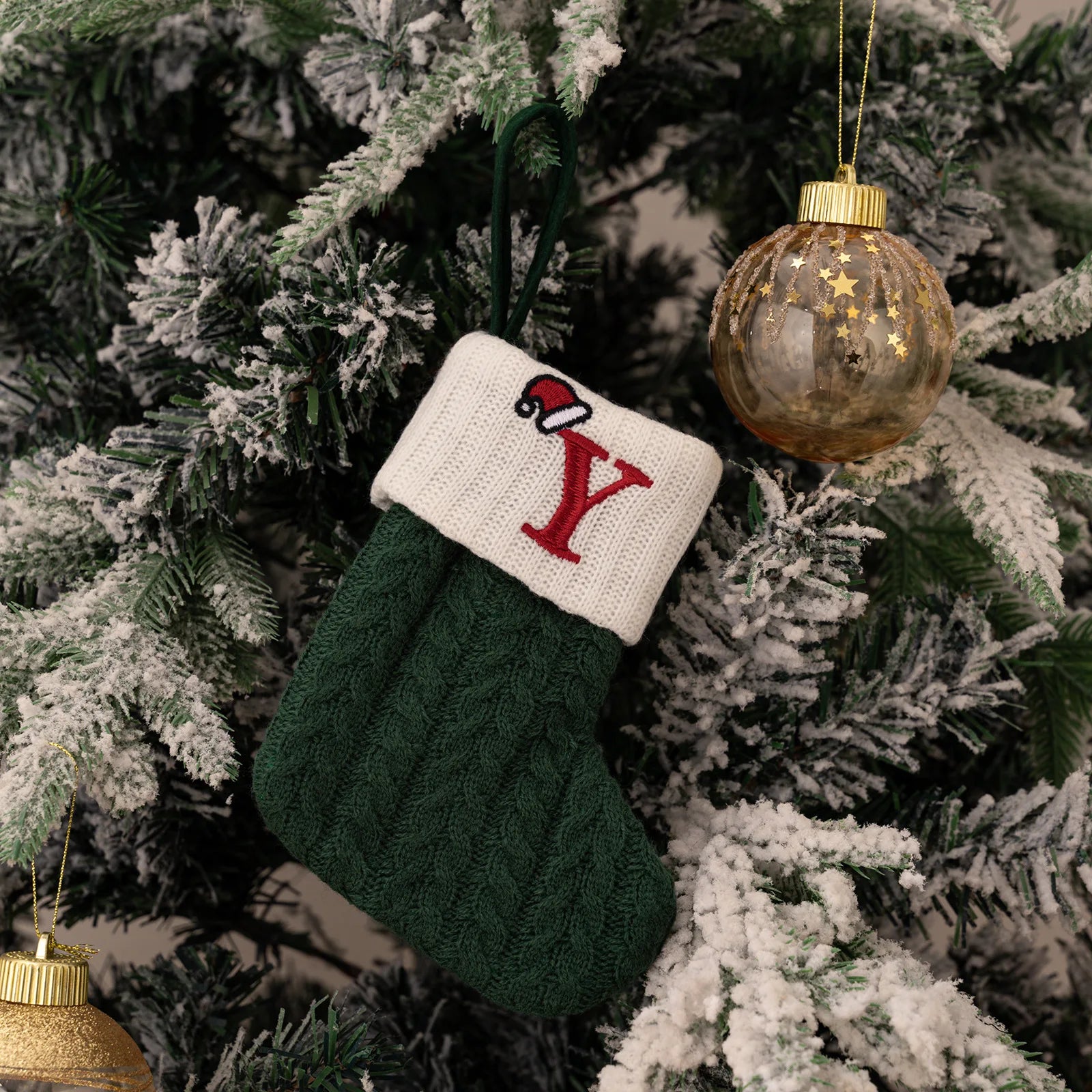 Green A-Z Letter Hanging Christmas Stockings Monogram Knitted Socks Fireplace Christmas Tree Hanging Party Decoration