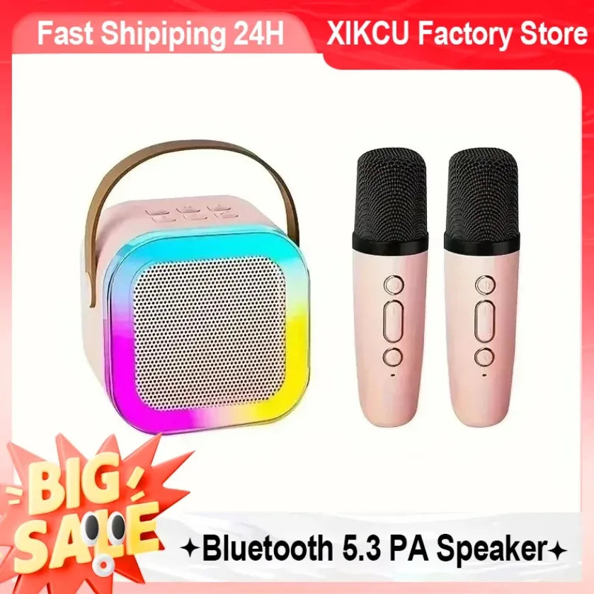 Portable Bluetooth 5.3 Karaoke Speaker 3D Surround Sound with 1-2 Wireless Microphones Home Family Singing for Aux/U Disk/TF