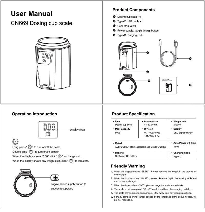 Portable Usb Rechargeable 500G/0.1g LED Display Screen Multiple Functions 304 Stainless Steel Coffee Electronic Scale Dosing Cup
