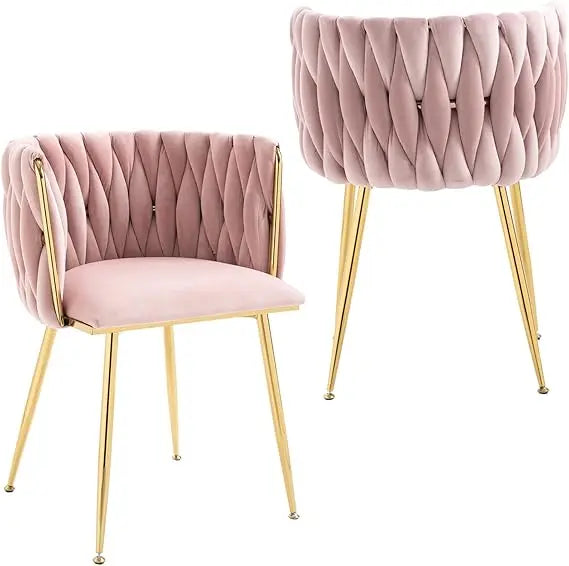 Velvet Dining Chairs Set of 2, Woven Upholstered Dining Chairs with Gold Metal Legs, Modern Accent Chairs for Living Room,