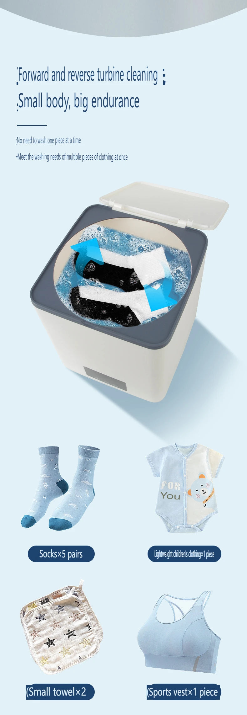 Mini Portable Washing Machine Ultrasonic Cleaning Blue-Purple Light Antibacterial for Socks Underwear Towels Small Clothes