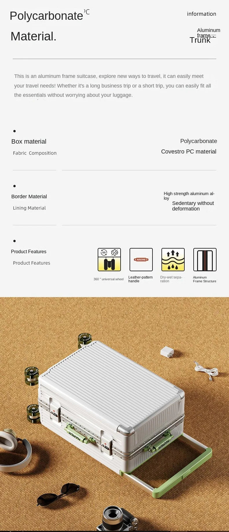 20"24 Inch Wide Handle Travel Suitcase Aluminum frame Carry-on Luggage Trolley Case with Wheels Boarding Box Rolling Luggage Bag