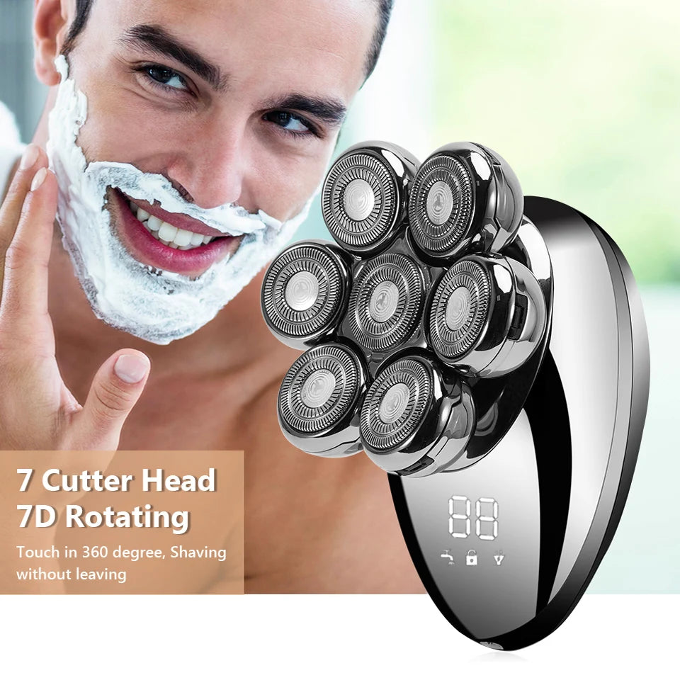 Men 7D Floating Men Electric Shaver Wet Dry Beard Hair Trimmer Electric Razor Rechargeable Bald Head Shaving Machine LCD Display