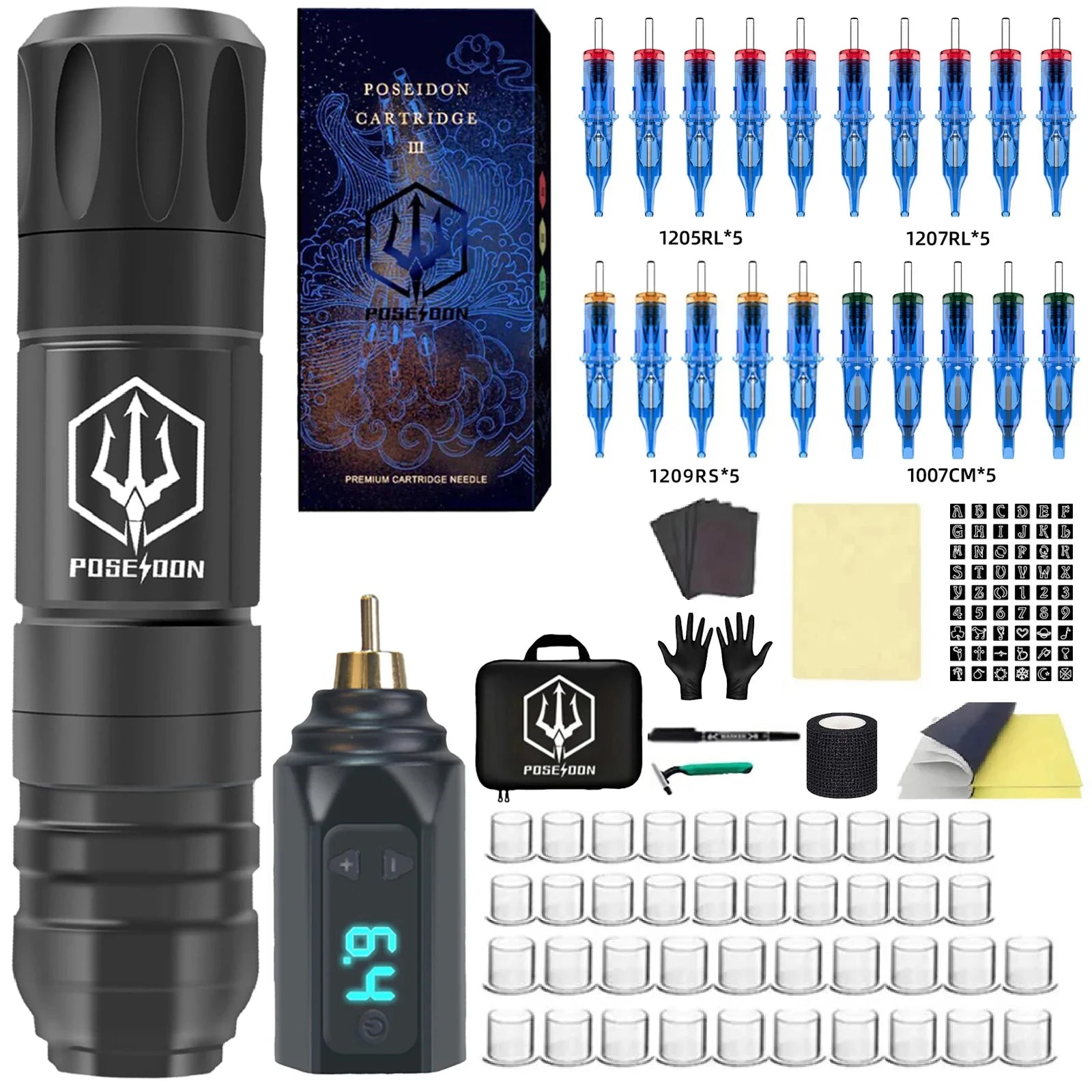 POSEIDON Tattoo Gun Kit Tattoo Supplies Makeup Complete Tattoo Pen Kit Professional Tattoo Kit Wireless Power Tattoo Machine Kit
