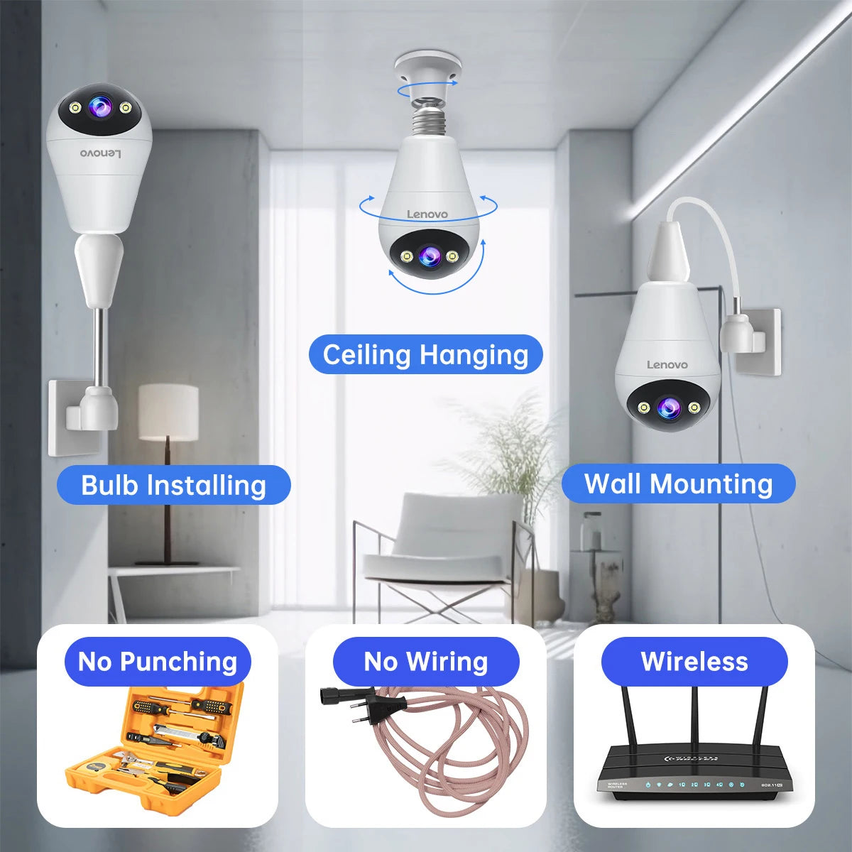 Lenovo 3MP E27 Bulb IP WiFi Camera Indoor Video Surveillance Camera Color Night AI Tracking Smart Home Baby Monitor CCTV Camera