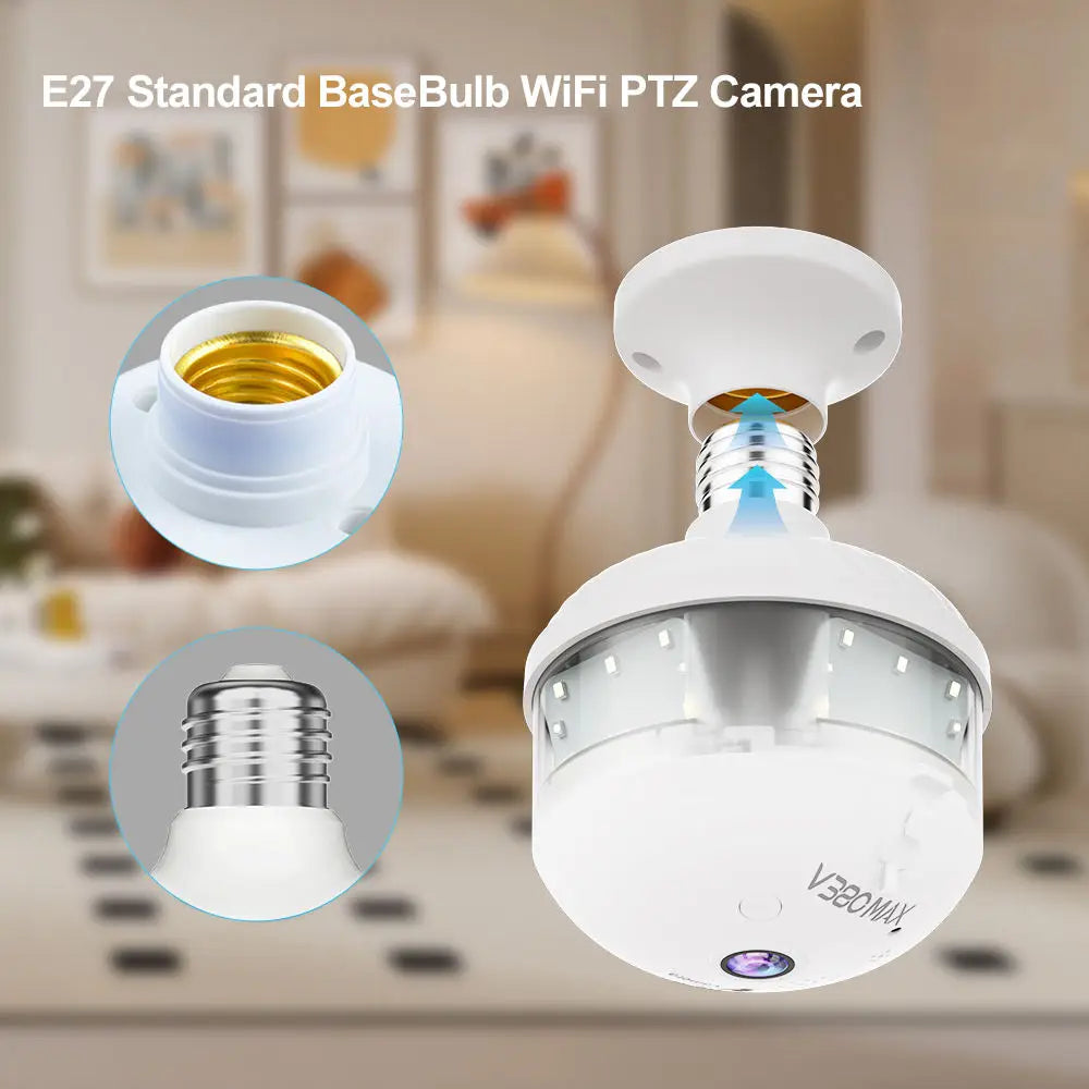 V380 PRO App 360 Panoramic View Bulb 3MP Camera Night Vision WiFi CCTV Fisheye Len Flood Light Camera