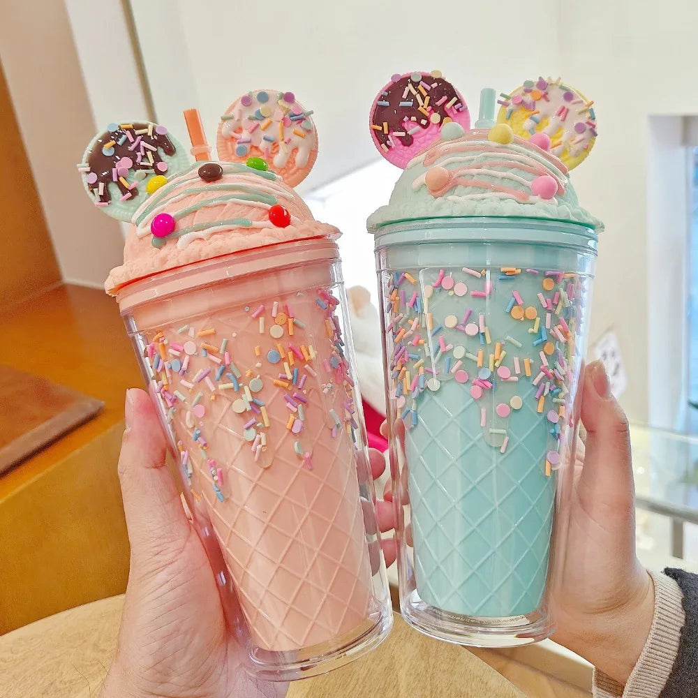 450ml Cute Straw Cup,Ice Cream Lids for Stanley Tumbler,Reusable Plastic Cups,Summer Drinkware Cold Brew,Girl Water Bottle Gift